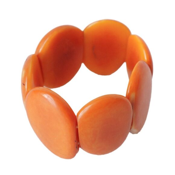 Tagua Nut Wide Cuff Bracelet Red Orange Oval Bean Shape Handmade Ecuador - Picture 3 of 5